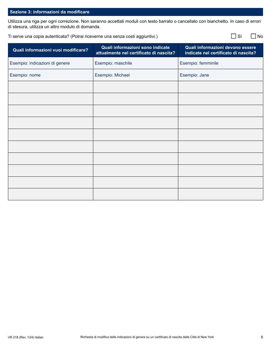 Form VR218 Application for Gender Marker Change on a Nyc Birth Certificate - New York City (Italian), Page 6