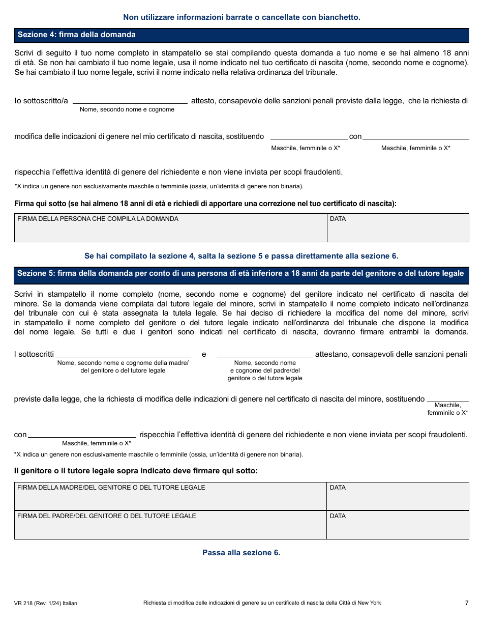 Form VR218 Application for Gender Marker Change on a Nyc Birth Certificate - New York City (Italian), Page 7