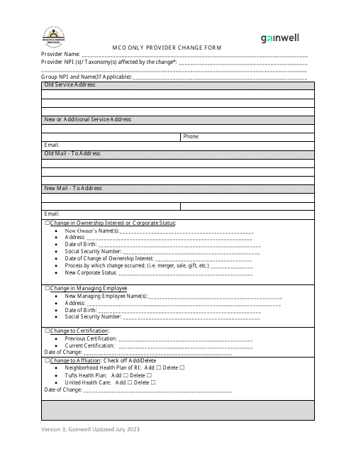 Mco Only Provider Change Form - Rhode Island