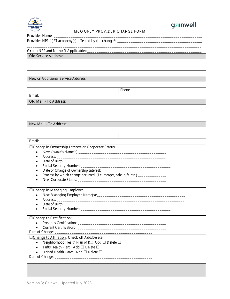 Mco Only Provider Change Form - Rhode Island, Page 1