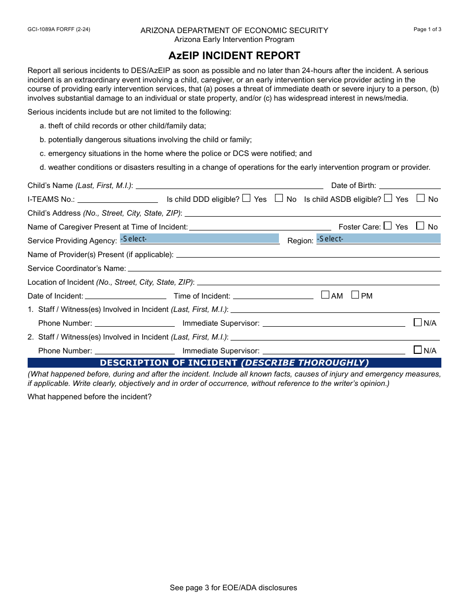 Form GCI-1089A Azeip Incident Report - Arizona, Page 1