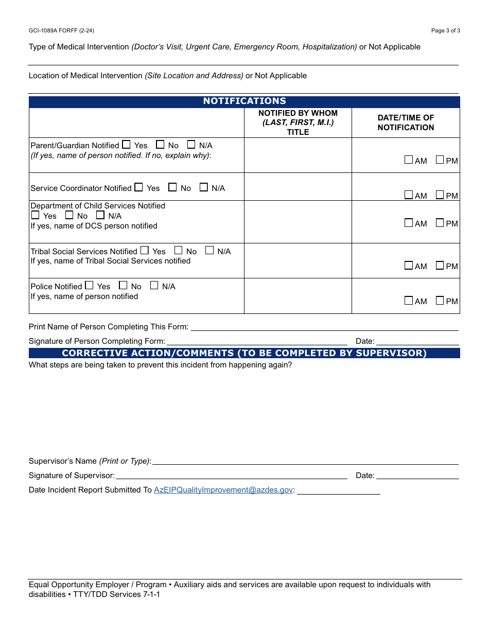 Form GCI-1089A Azeip Incident Report - Arizona, Page 3