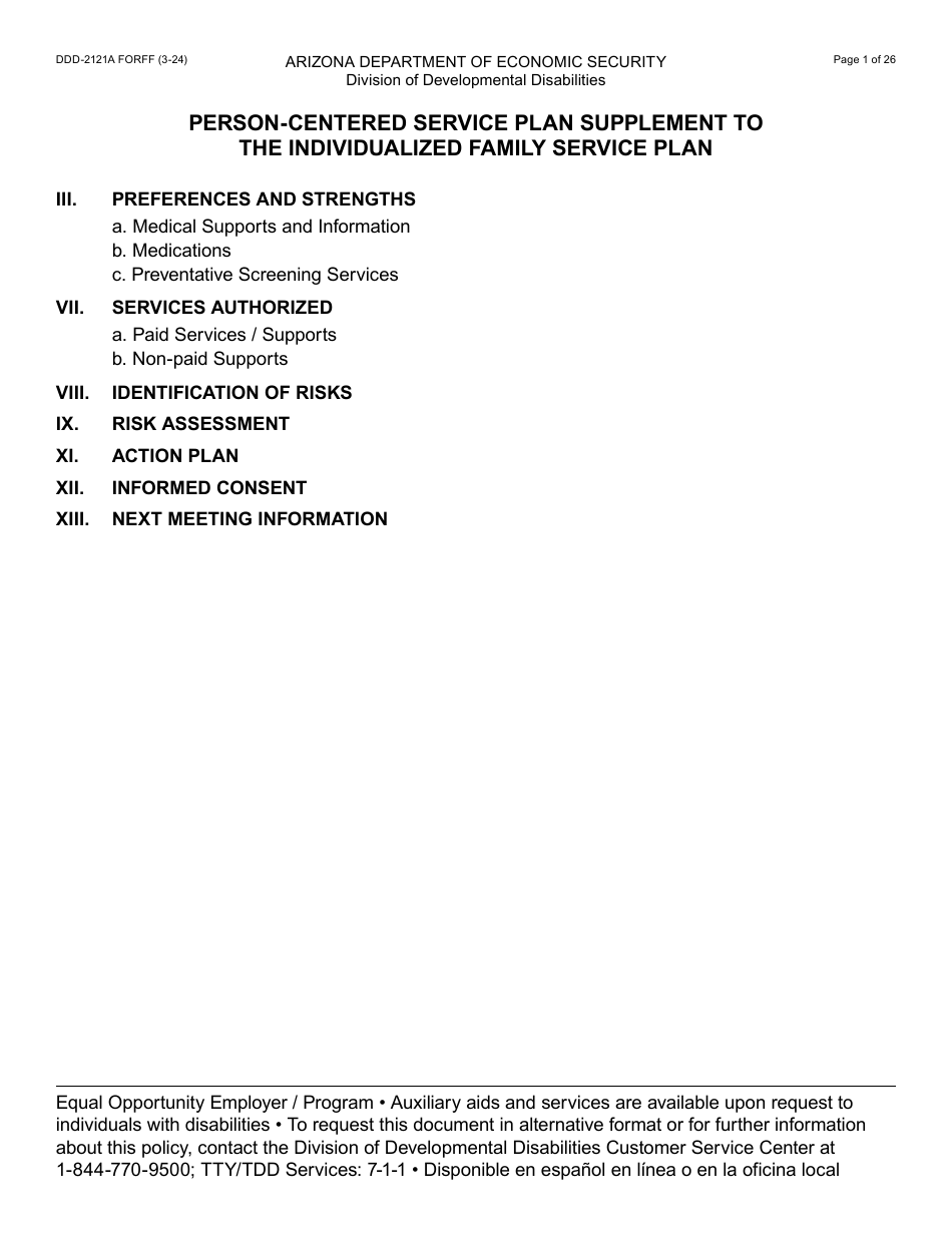 Form DDD-2121A Person-Centered Service Plan Supplement to the Individualized Family Service Plan - Arizona, Page 1