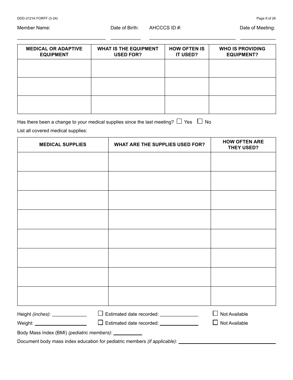 Form DDD-2121A Person-Centered Service Plan Supplement to the Individualized Family Service Plan - Arizona, Page 9