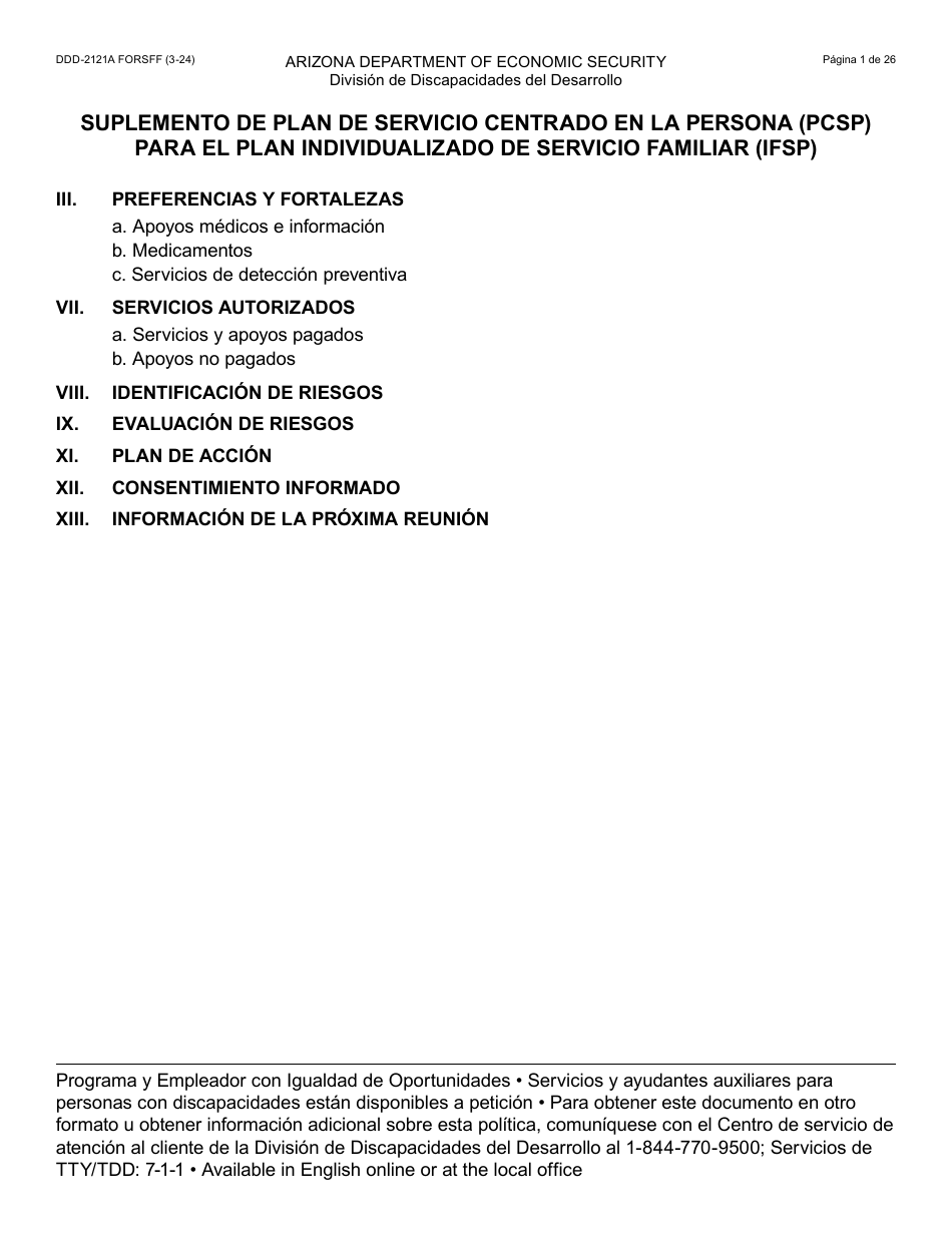 Formulario DDD-2121A-S Suplemento De Plan De Servicio Centrado En La Persona (Pcsp) Para El Plan Individualizado De Servicio Familiar (Ifsp) - Arizona (Spanish), Page 1