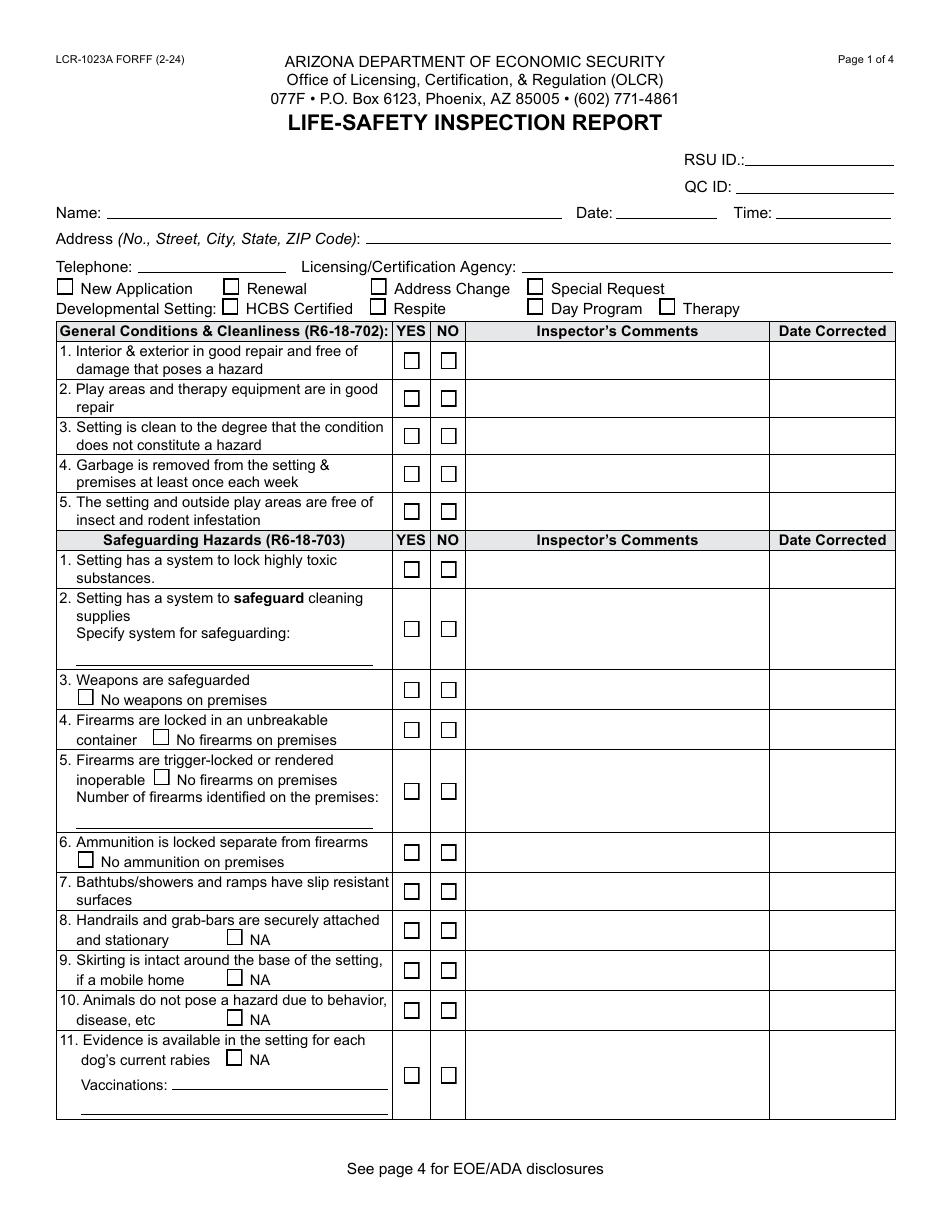 Form LCR-1023A Life-Safety Inspection Report - Arizona, Page 1