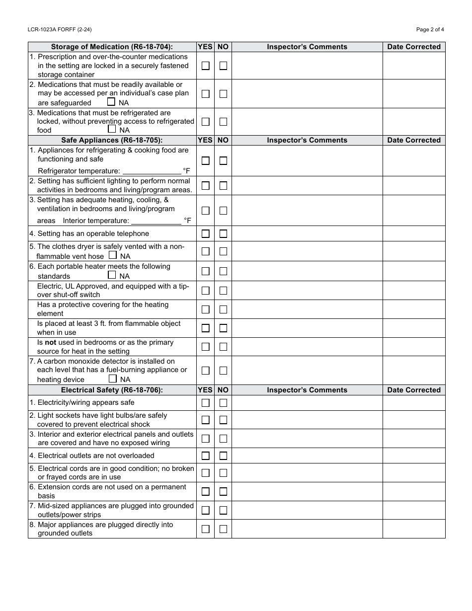 Form LCR-1023A Life-Safety Inspection Report - Arizona, Page 2