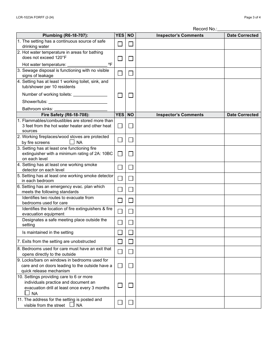 Form LCR-1023A Life-Safety Inspection Report - Arizona, Page 3