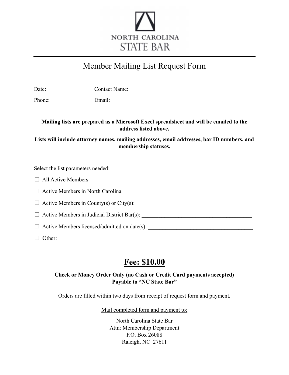 Member Mailing List Request Form - North Carolina, Page 1