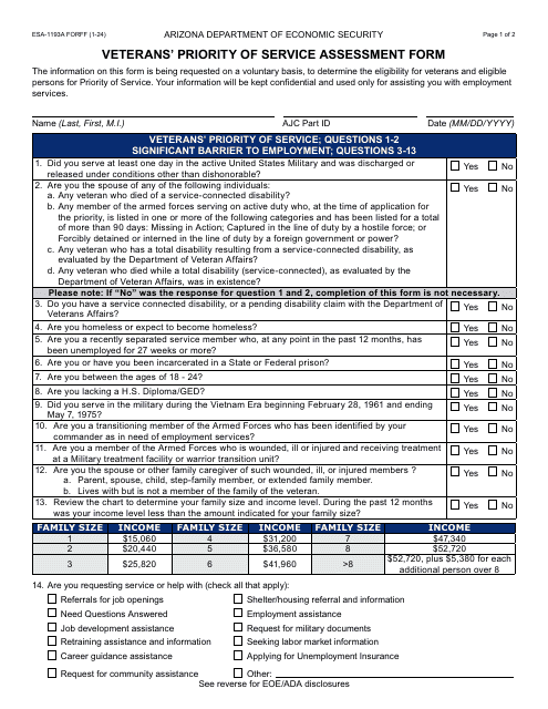 Form ESA-1193A Veterans' Priority of Service Assessment Form - Arizona