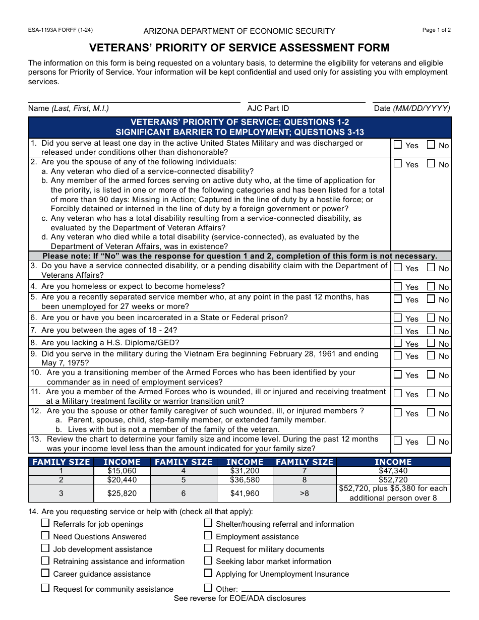 Form ESA-1193A Veterans Priority of Service Assessment Form - Arizona, Page 1