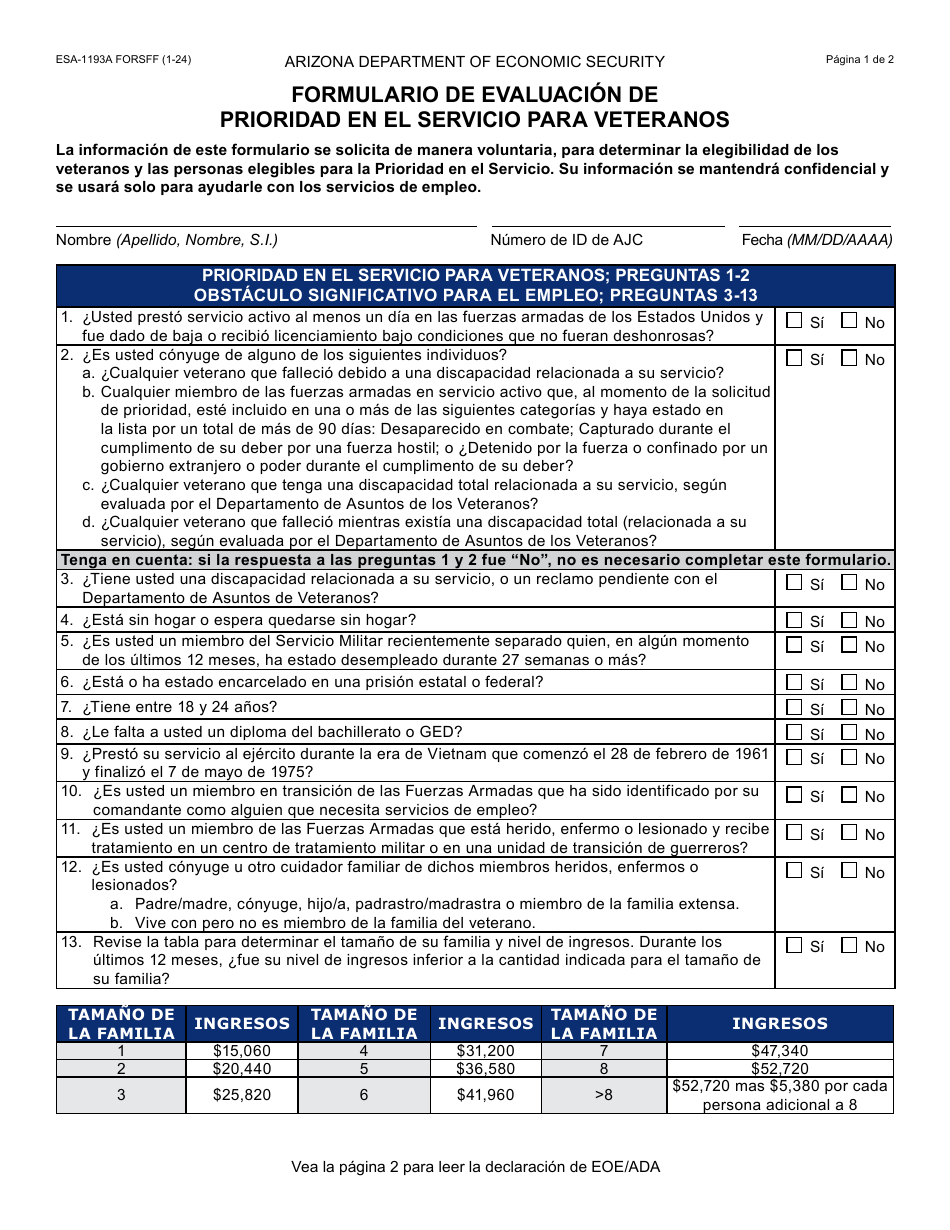 Formulario ESA-1193A-S Formulario De Evaluacion De Prioridad En El Servicio Para Veteranos - Arizona (Spanish), Page 1