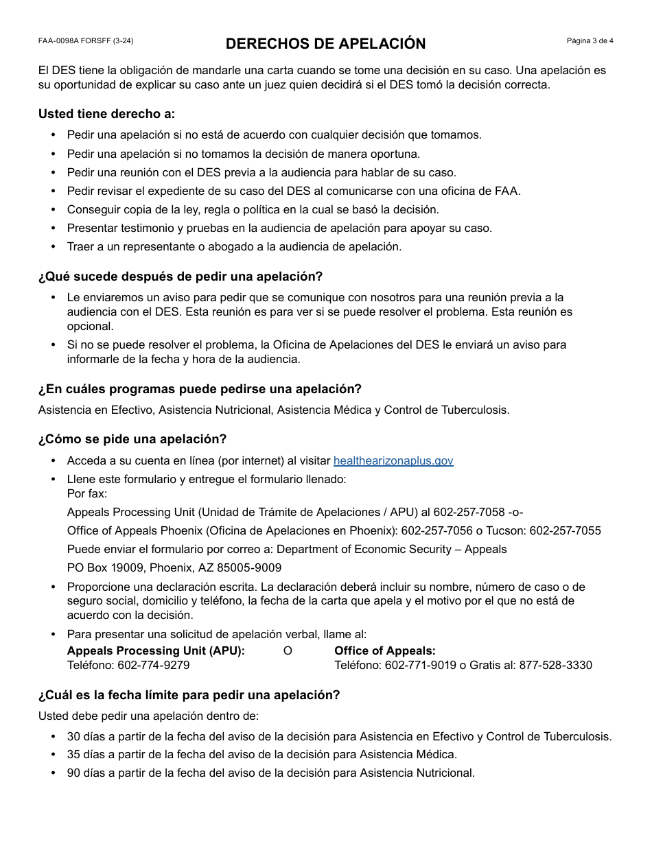 Formulario FAA-0098A-S Solicitud De Apelacion - Arizona (Spanish), Page 3