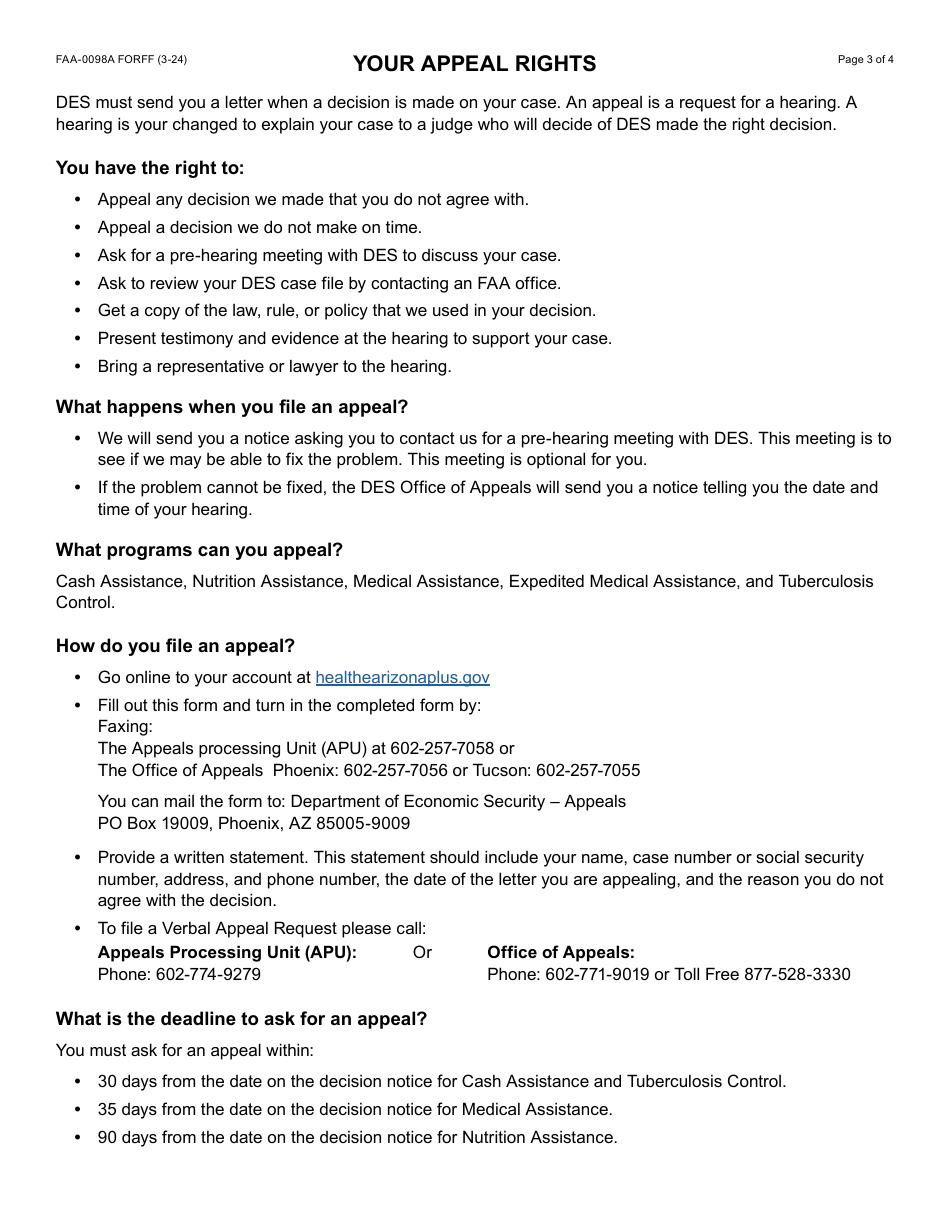 Form FAA-0098A Hearing Request - Arizona, Page 3
