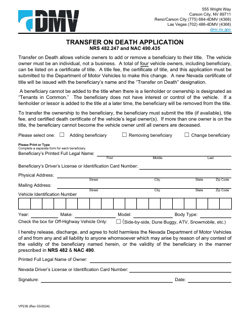 Form VP239 Transfer on Death Application - Nevada