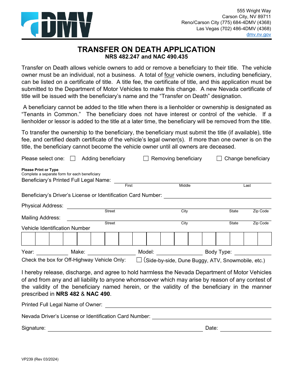 Form VP239 Download Fillable PDF or Fill Online Transfer on Death ...