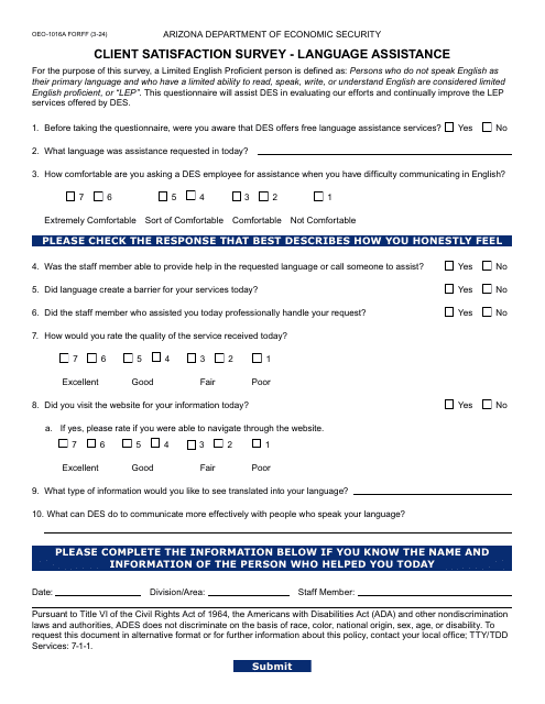 Form OEO-1016A Client Satisfaction Survey - Language Assistance - Arizona