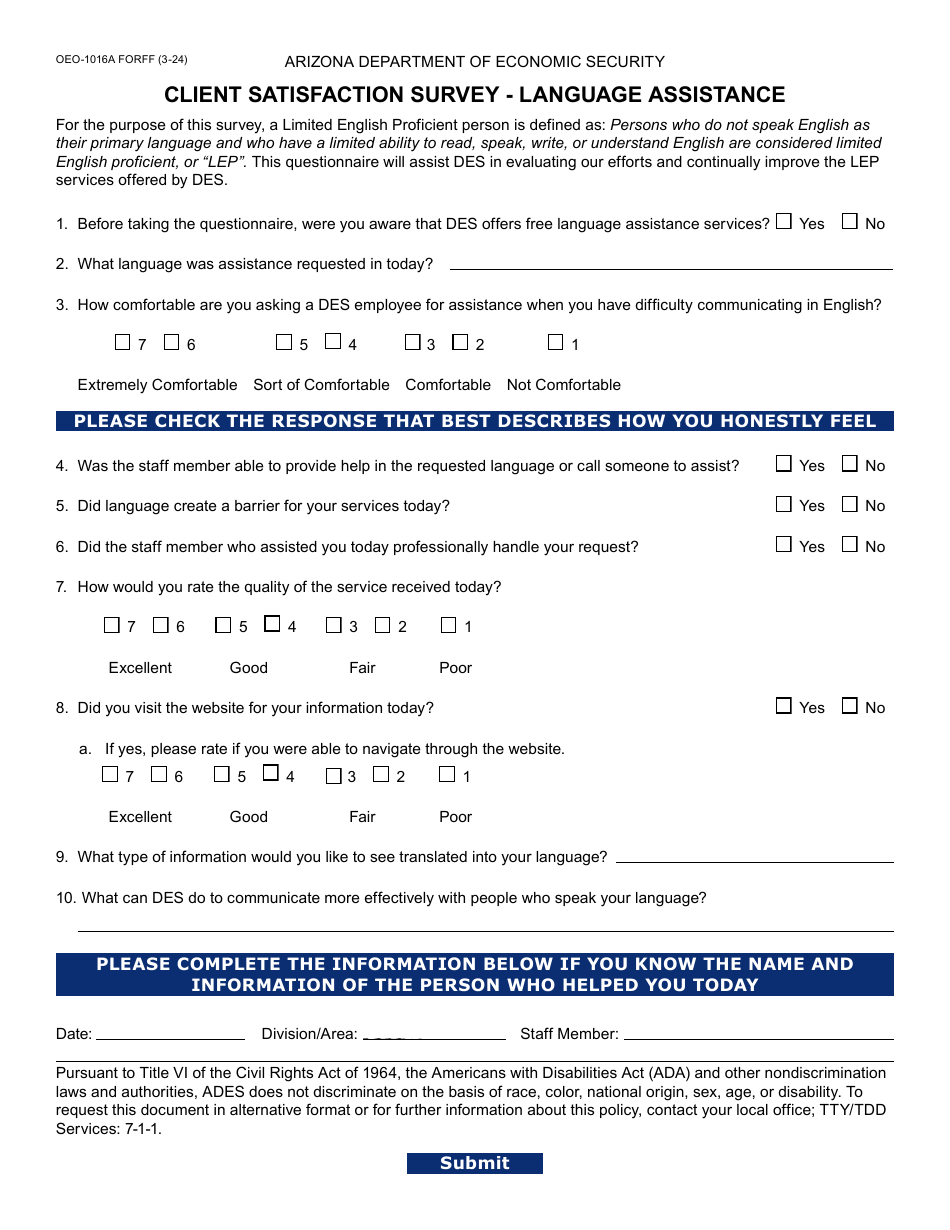 Form OEO-1016A Client Satisfaction Survey - Language Assistance - Arizona, Page 1