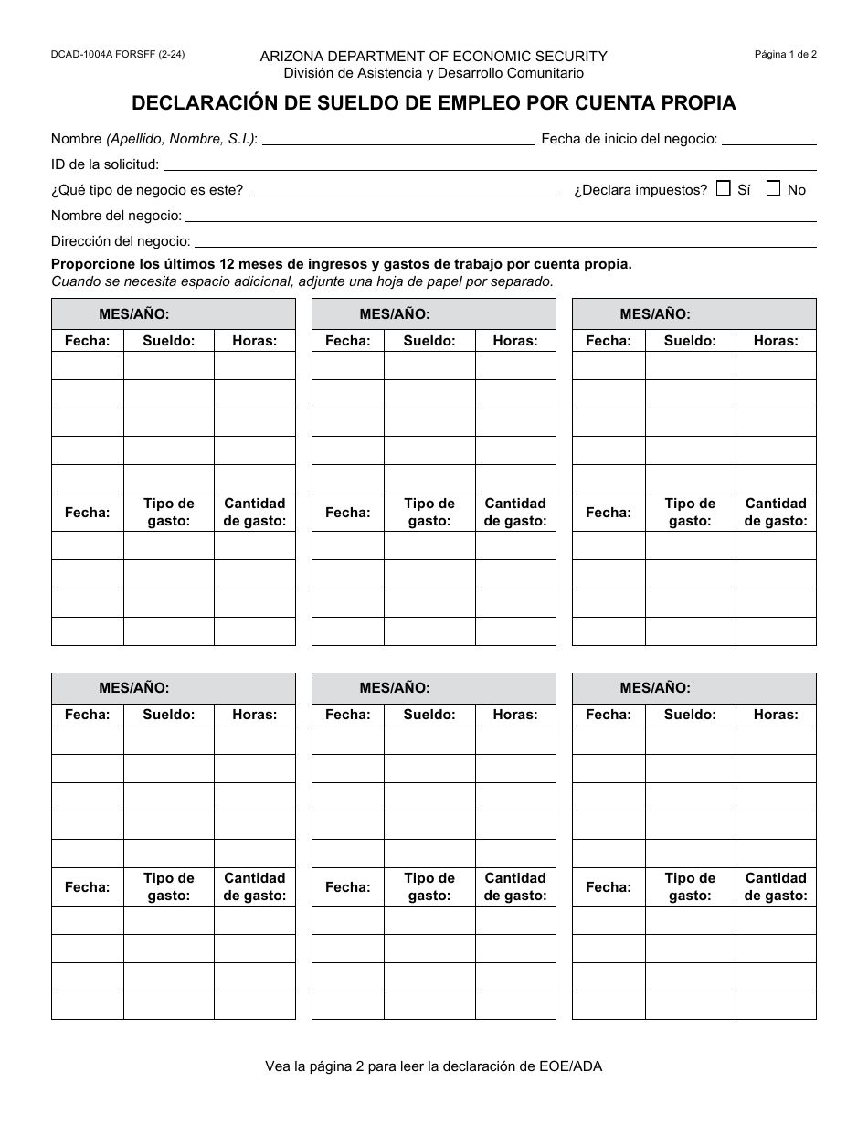 Formulario DCAD-1004A-S Declaracion De Sueldo De Empleo Por Cuenta Propia - Arizona (Spanish), Page 1