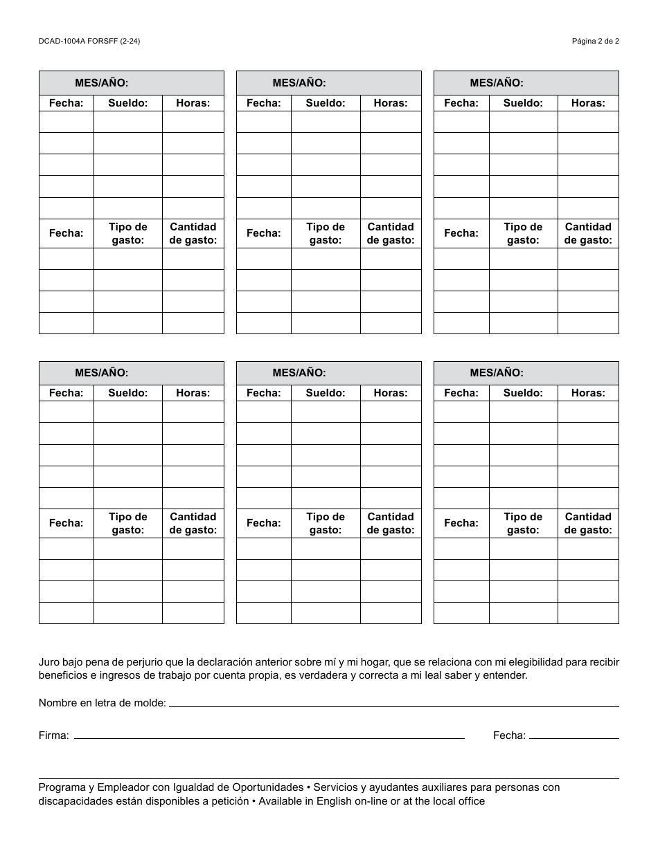 Formulario DCAD-1004A-S Declaracion De Sueldo De Empleo Por Cuenta Propia - Arizona (Spanish), Page 2