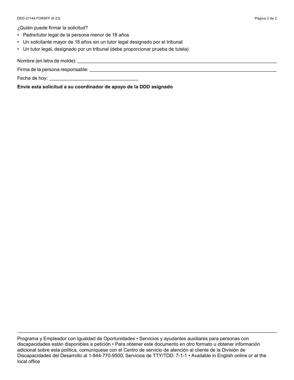 Formulario DDD-2114A-S Solicitud De Redeterminacion De Elegibilidad a Los 18 Anos - Arizona (Spanish), Page 2