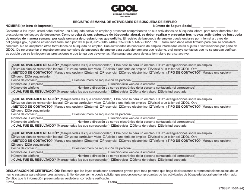 Formulario 2798SP Registro Semanal De Actividades De Busqueda De Empleo - Georgia (United States) (Spanish)