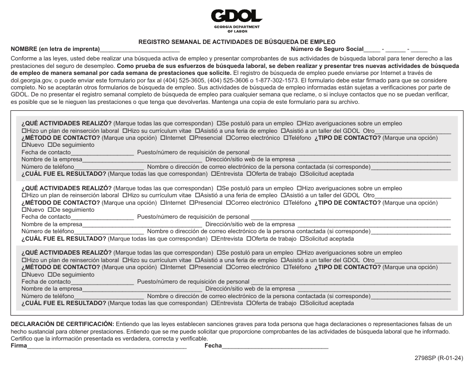 Formulario 2798SP Registro Semanal De Actividades De Busqueda De Empleo - Georgia (United States) (Spanish), Page 1