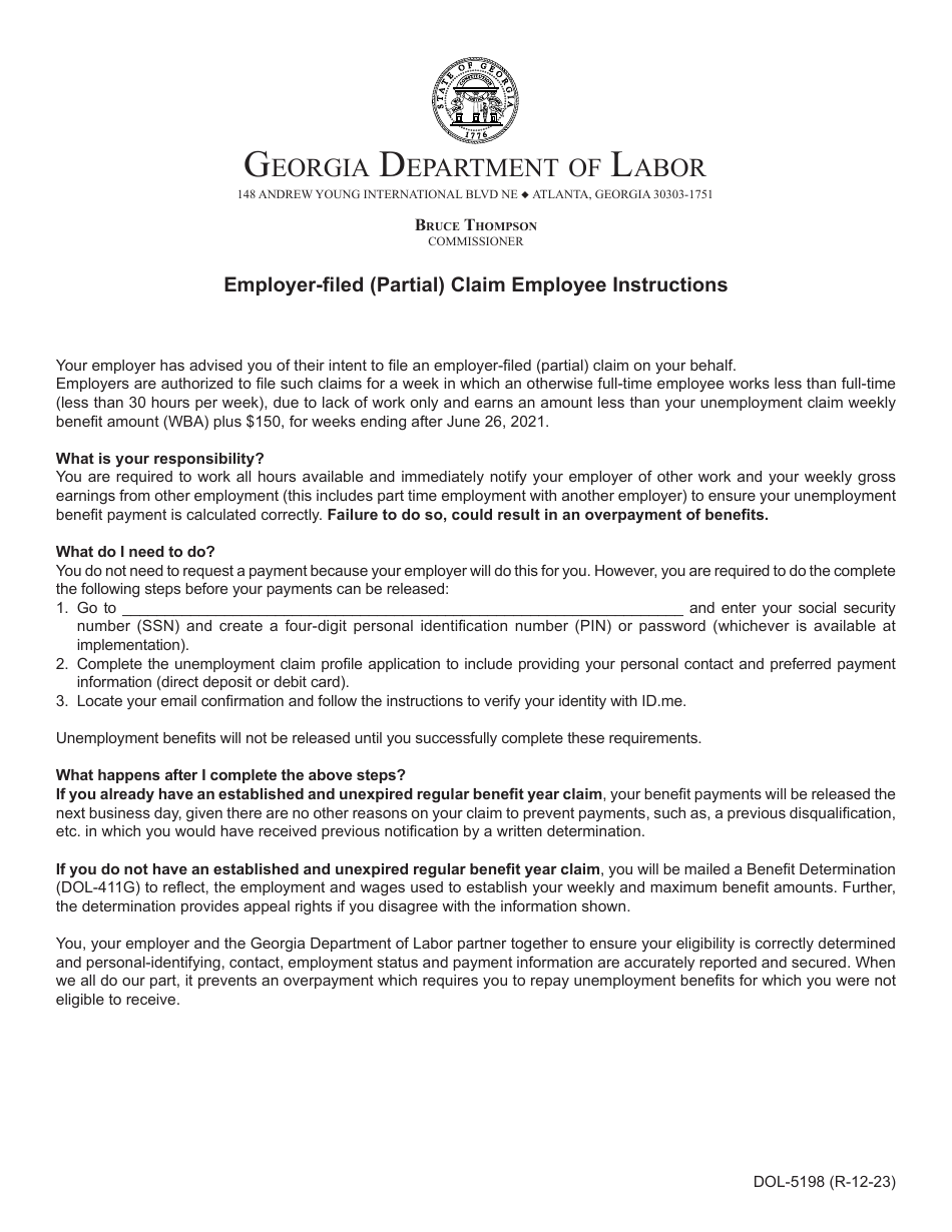 Form DOL-5198 Employer-Filed (Partial) Claim Employee Instructions - Georgia (United States), Page 1