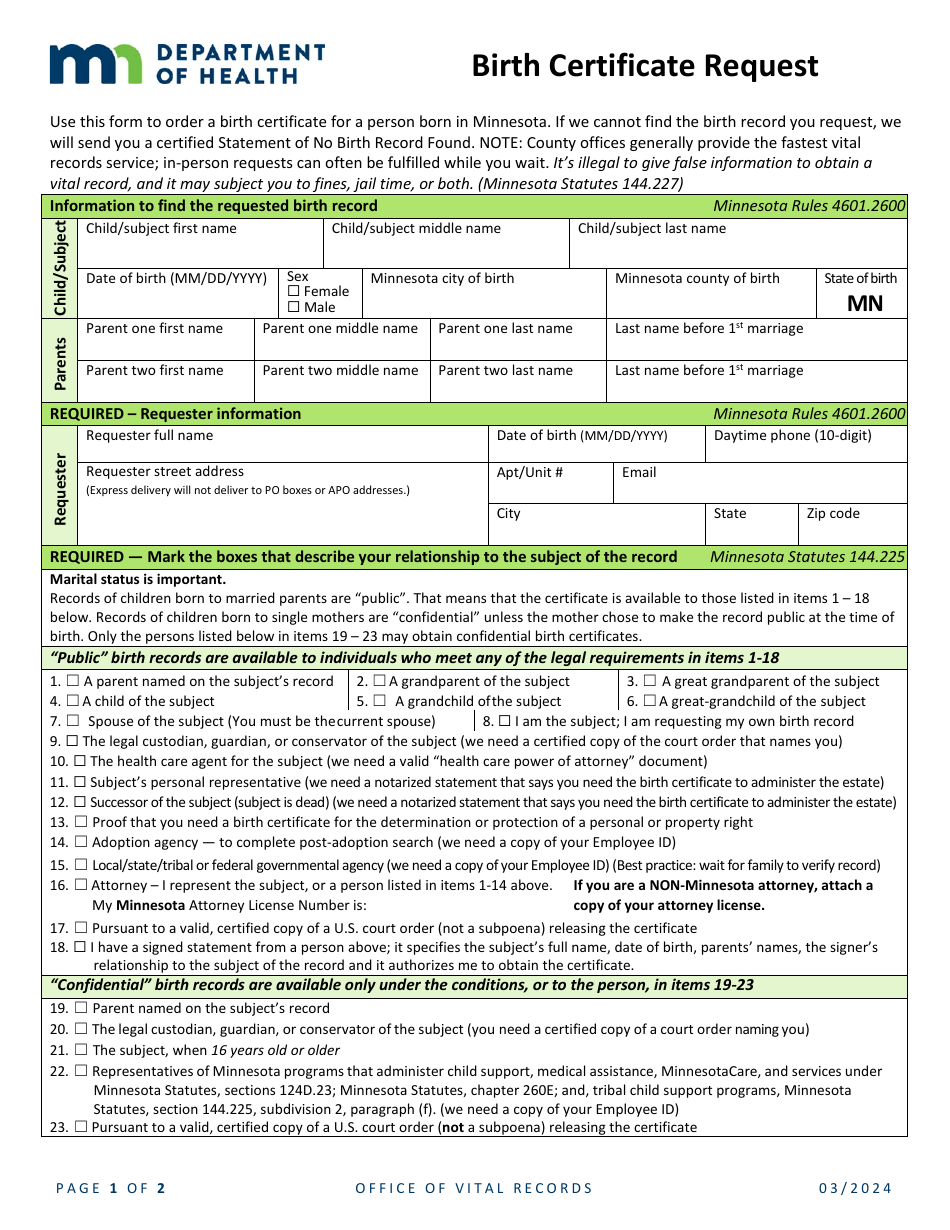 Minnesota Birth Certificate Request Download Fillable PDF Templateroller