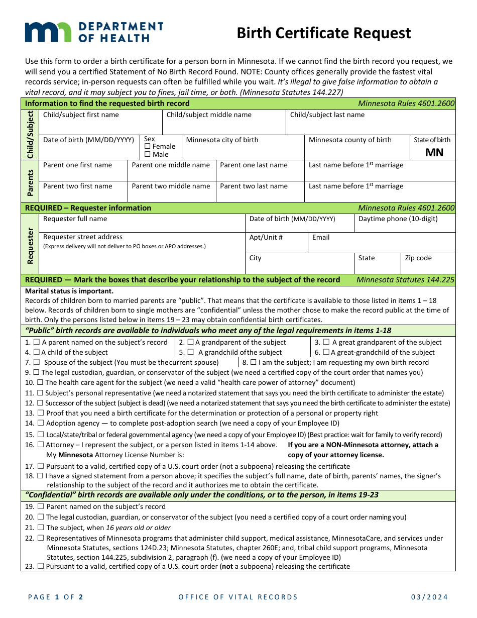Birth Certificate Request - Minnesota, Page 1