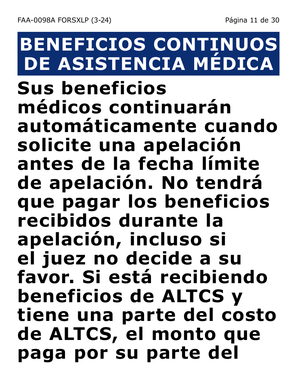 Formulario FAA-0098A-SXLP Solicitud De Apelacion (Letra Extra Grande) - Arizona (Spanish), Page 11