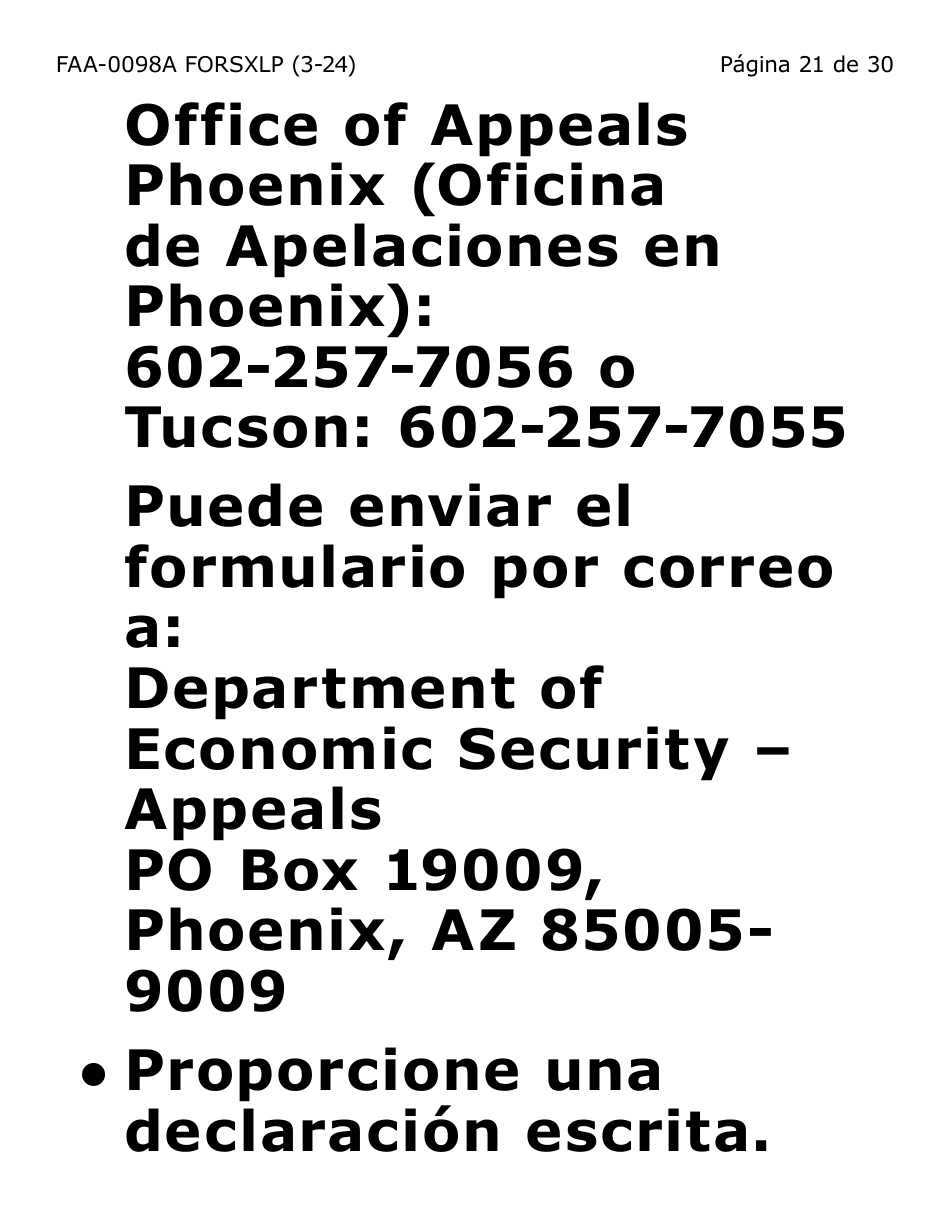 Formulario FAA-0098A-SXLP Solicitud De Apelacion (Letra Extra Grande) - Arizona (Spanish), Page 21