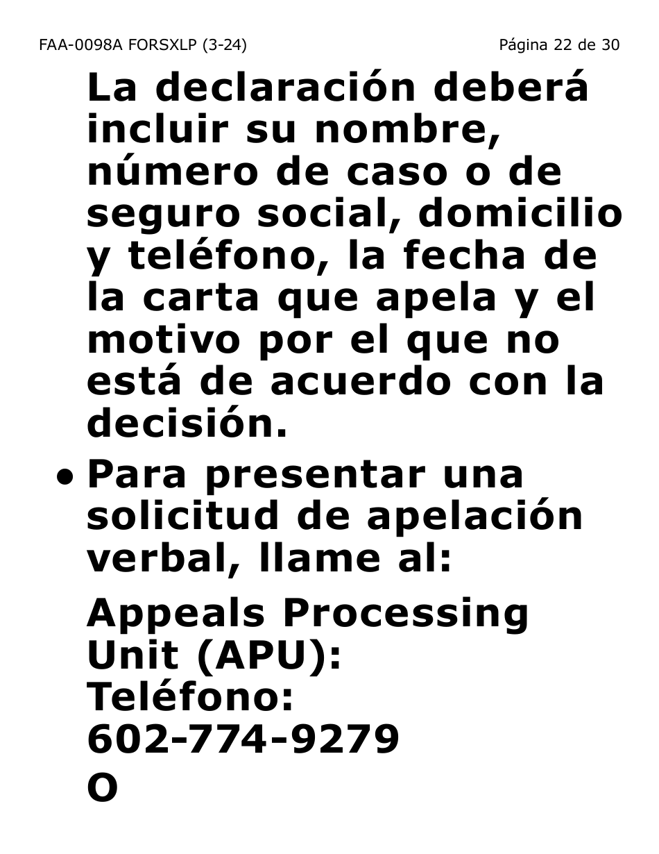 Formulario FAA-0098A-SXLP Solicitud De Apelacion (Letra Extra Grande) - Arizona (Spanish), Page 22
