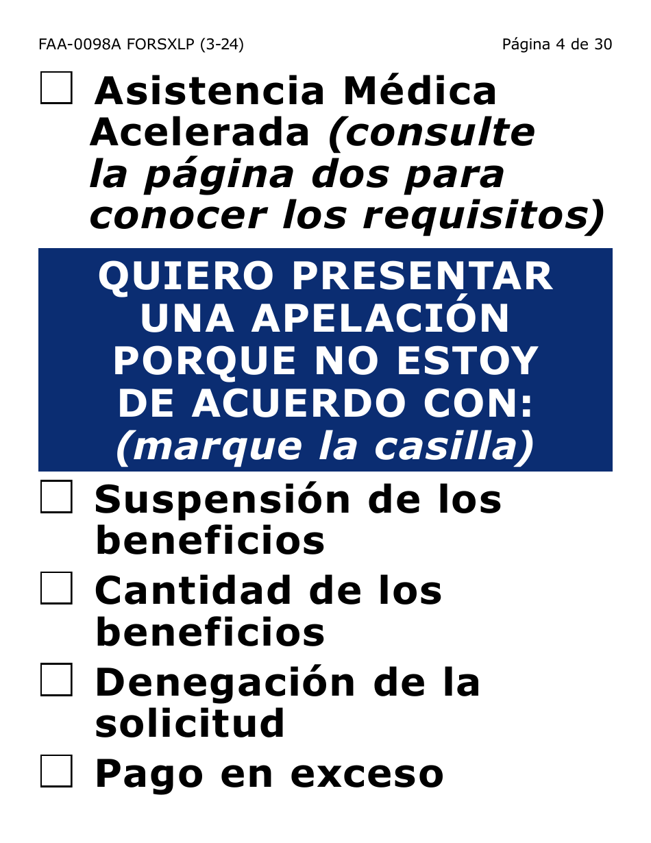 Formulario FAA-0098A-SXLP Solicitud De Apelacion (Letra Extra Grande) - Arizona (Spanish), Page 4