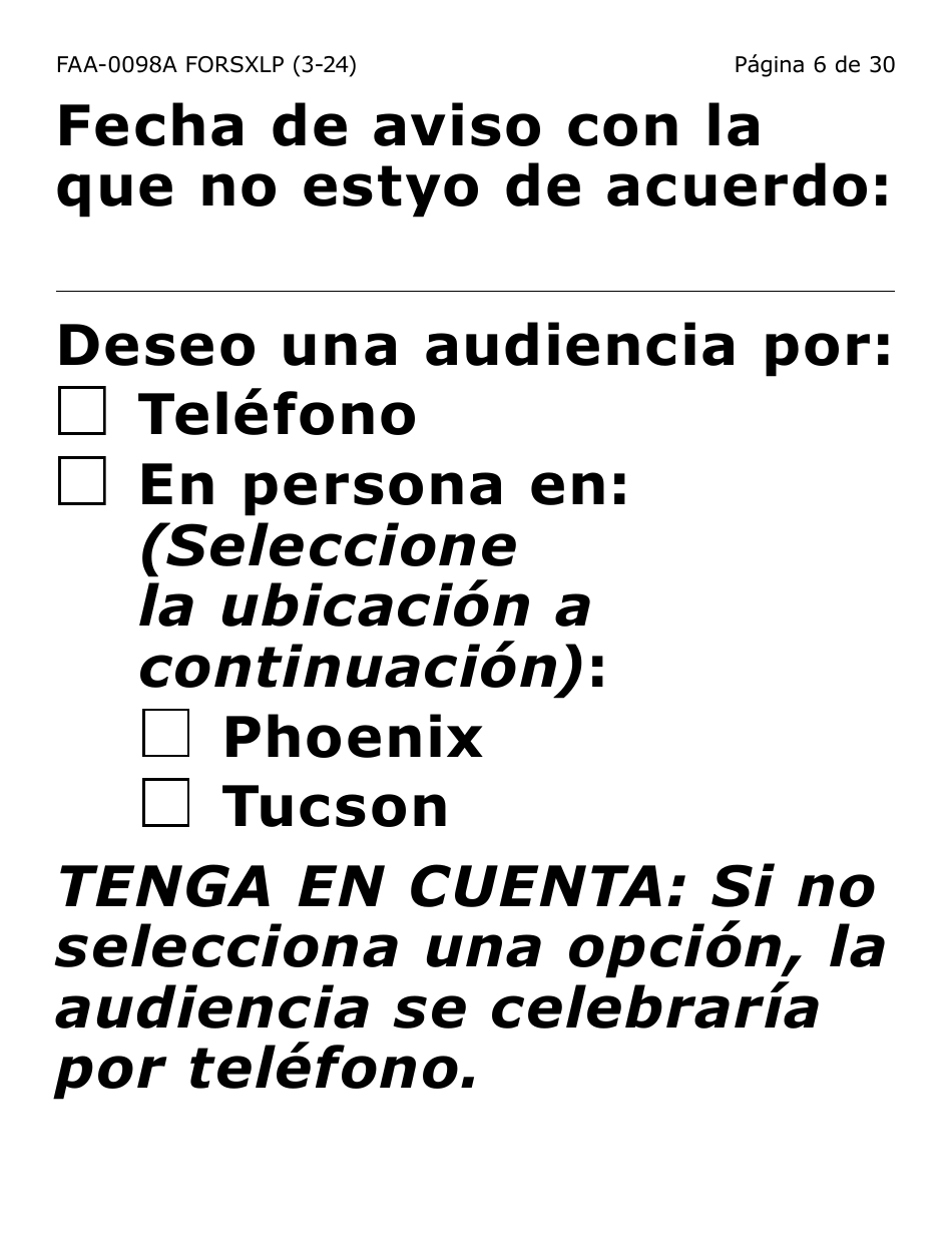 Formulario FAA-0098A-SXLP Solicitud De Apelacion (Letra Extra Grande) - Arizona (Spanish), Page 6
