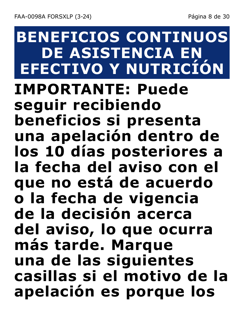 Formulario FAA-0098A-SXLP Solicitud De Apelacion (Letra Extra Grande) - Arizona (Spanish), Page 8