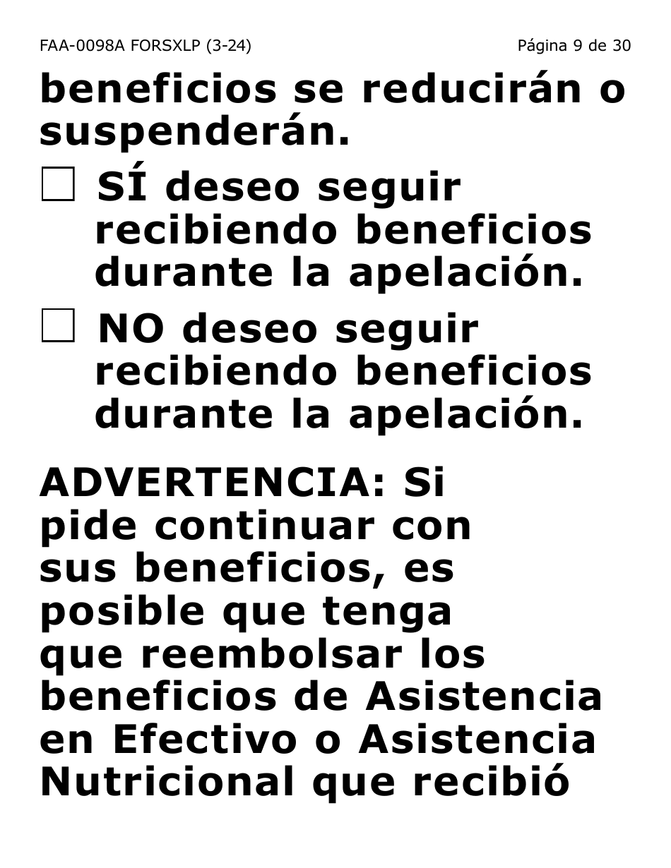 Formulario FAA-0098A-SXLP Solicitud De Apelacion (Letra Extra Grande) - Arizona (Spanish), Page 9