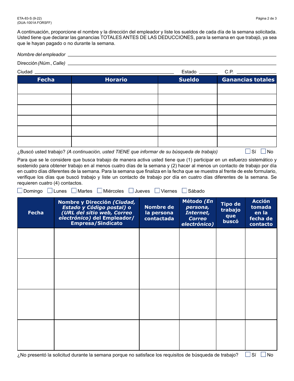 Formulario ETA-83-S Solicitud Semanal De Asistencia Ley De Ayuda En Desastres De 1974 - Arizona (Spanish), Page 2