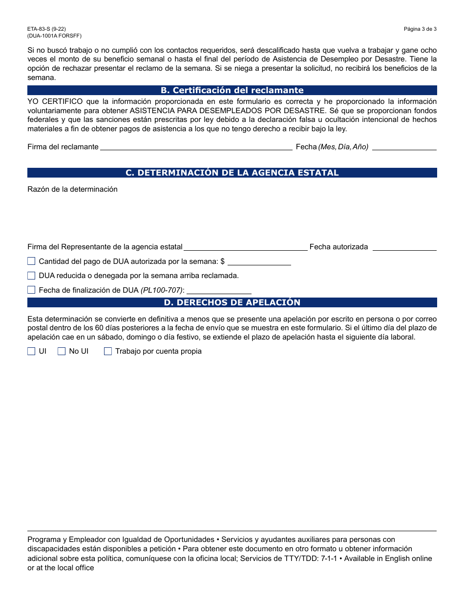 Formulario ETA-83-S Solicitud Semanal De Asistencia Ley De Ayuda En Desastres De 1974 - Arizona (Spanish), Page 3