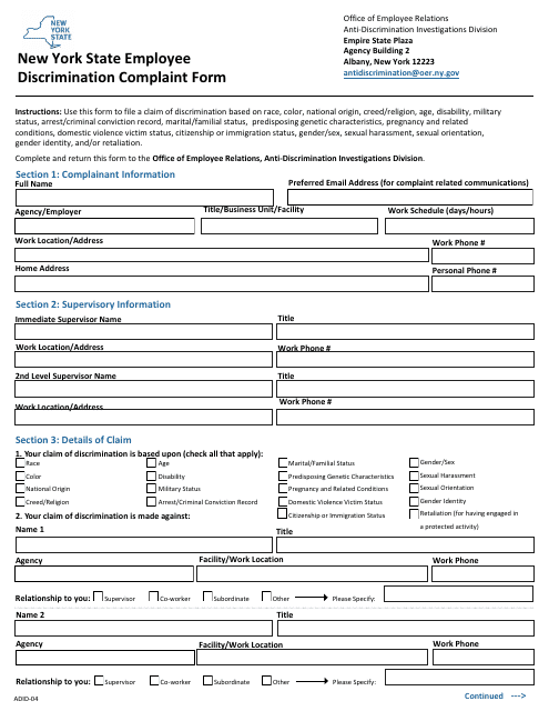 Form ADID-04 New York State Employee Discrimination Complaint Form - New York