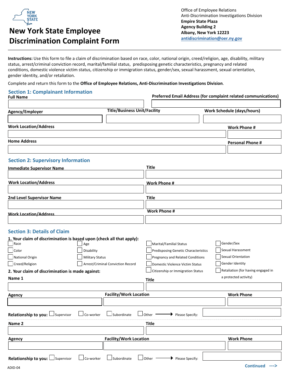 Form ADID-04 New York State Employee Discrimination Complaint Form - New York, Page 1