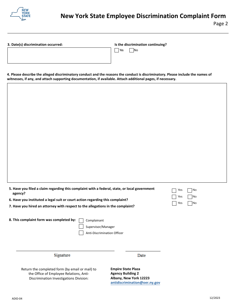 Form ADID-04 New York State Employee Discrimination Complaint Form - New York, Page 2