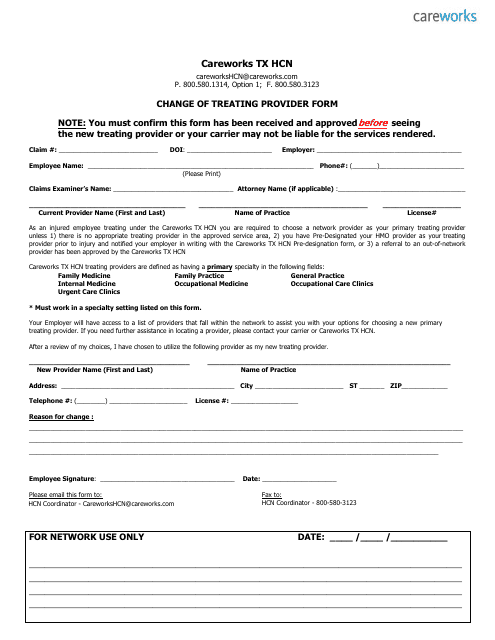 Change of Treating Provider Form - Texas