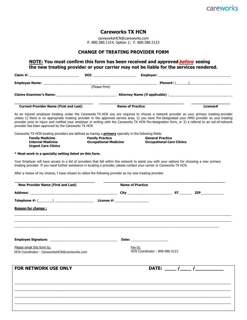 Change of Treating Provider Form - Texas, Page 1