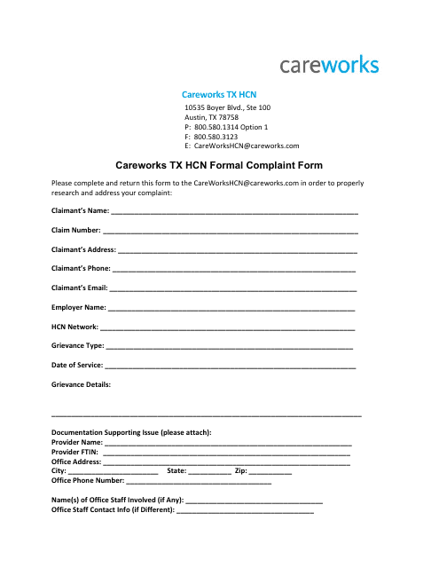 Careworks Tx Hcn Formal Complaint Form - Texas