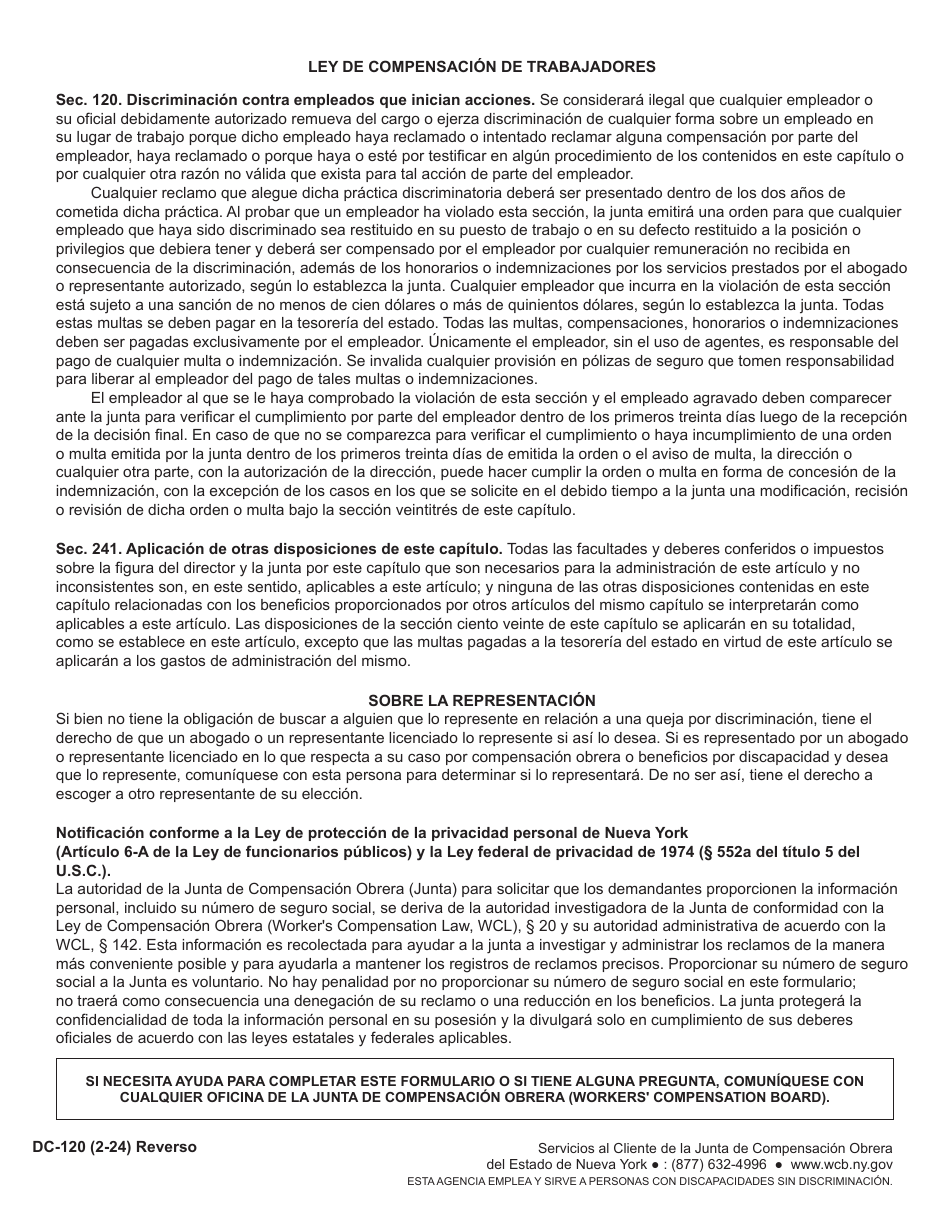Formulario DC-120 Reclamo Por Despido O Discriminacion - New York (Spanish), Page 2