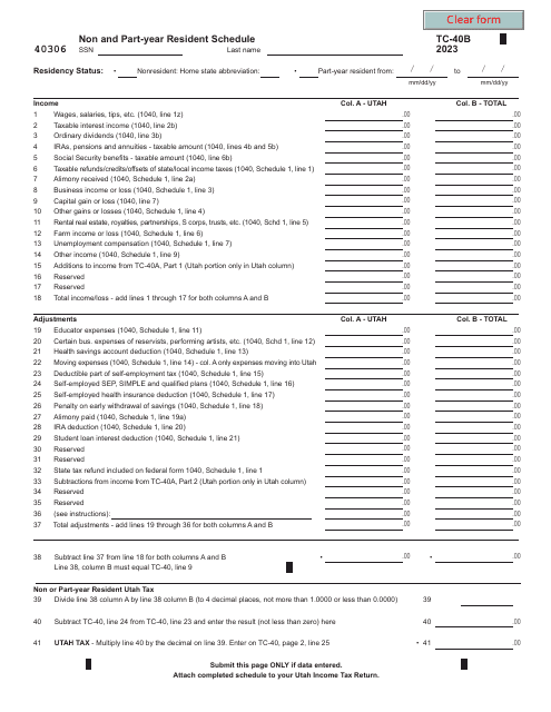 Form TC-40B Non and Part-Year Resident Schedule - Utah, 2023