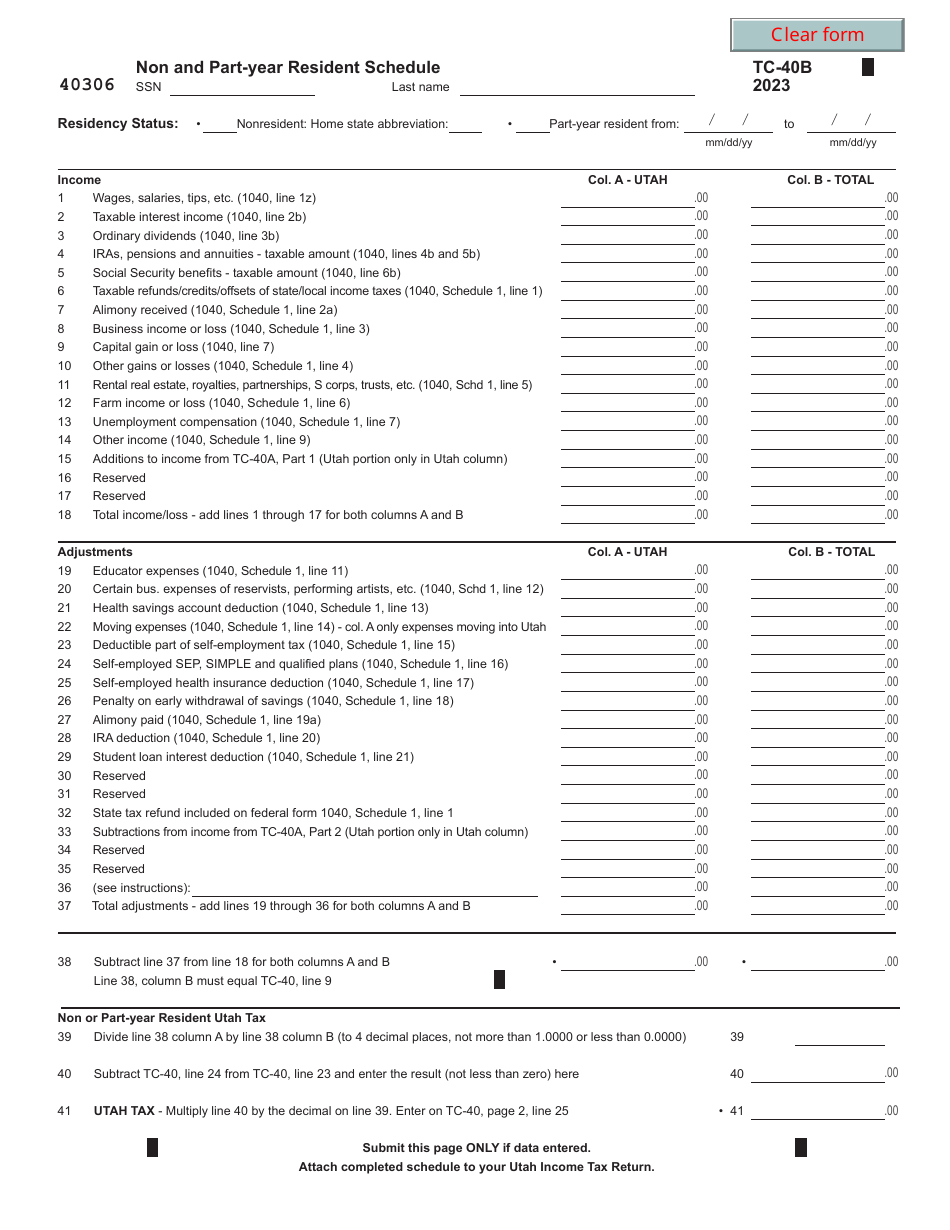 Form TC-40B Non and Part-Year Resident Schedule - Utah, Page 1