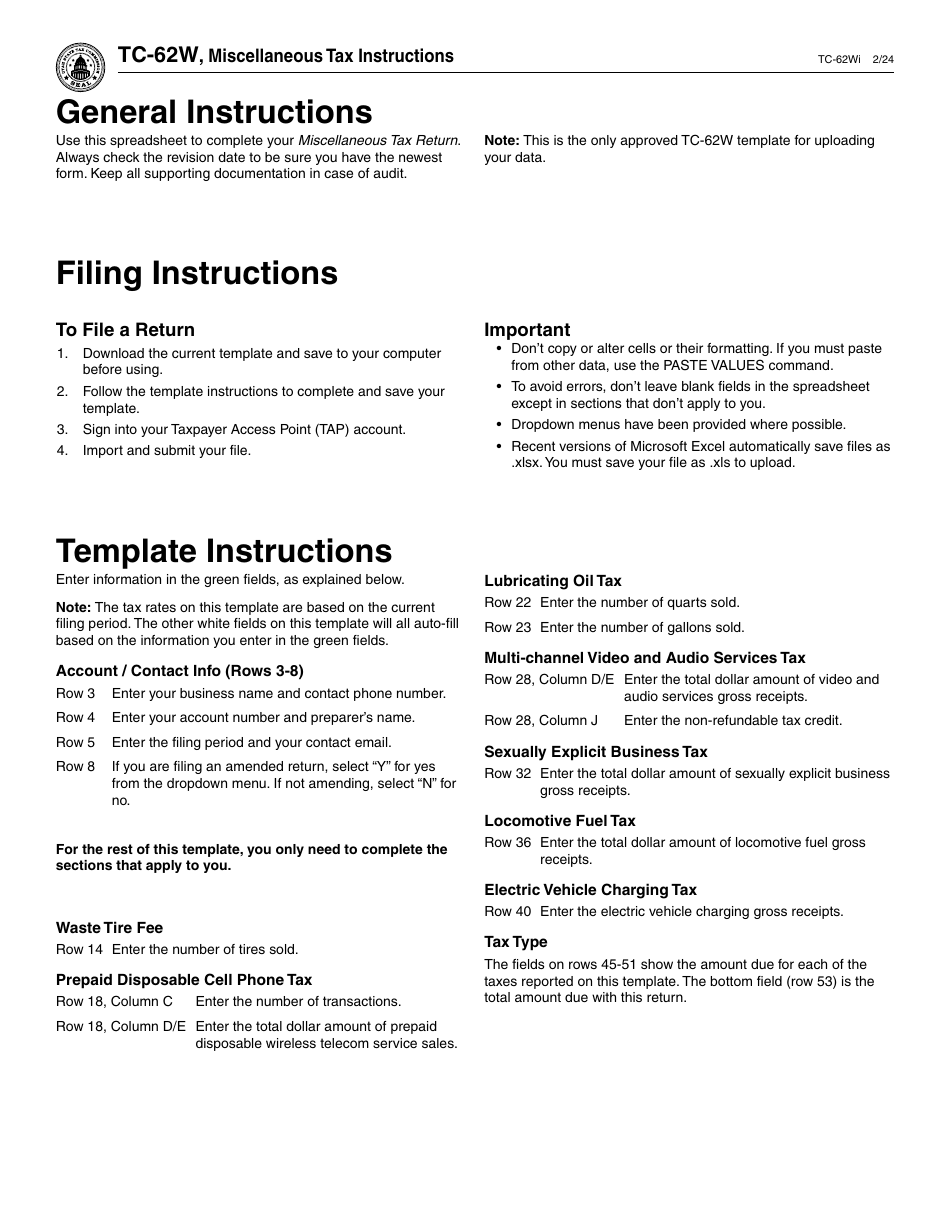 Download Instructions for Form TC-62W Miscellanous Tax Return PDF ...