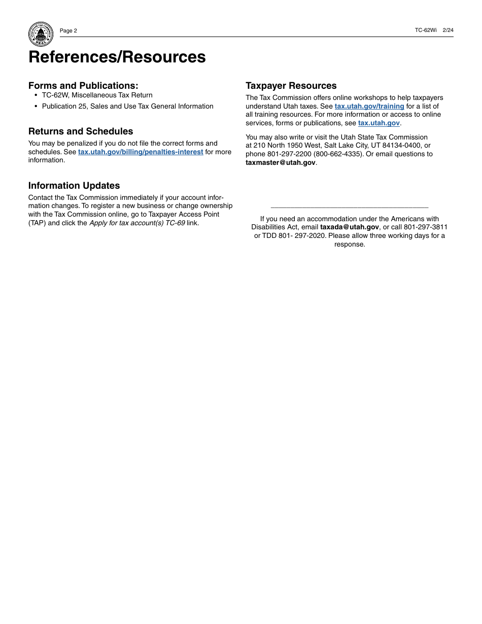 Instructions for Form TC-62W Miscellanous Tax Return - Utah, Page 2